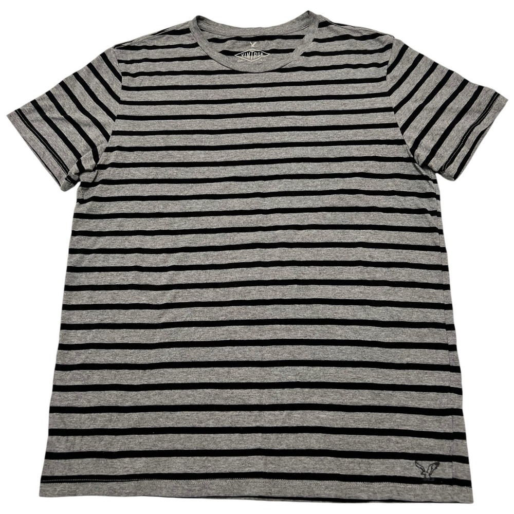 American Eagle Vintage Fit Men's Size Medium Tee Shirt Gray Black Striped Shirt